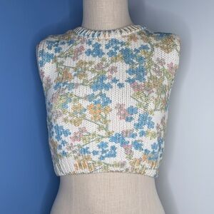 Zara Blue Floral Jacquard Knit Top Open‎ Back Cropped Size Large